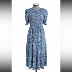Blue Floral Smocked Tiered Skirt Midi Dress | Size M
